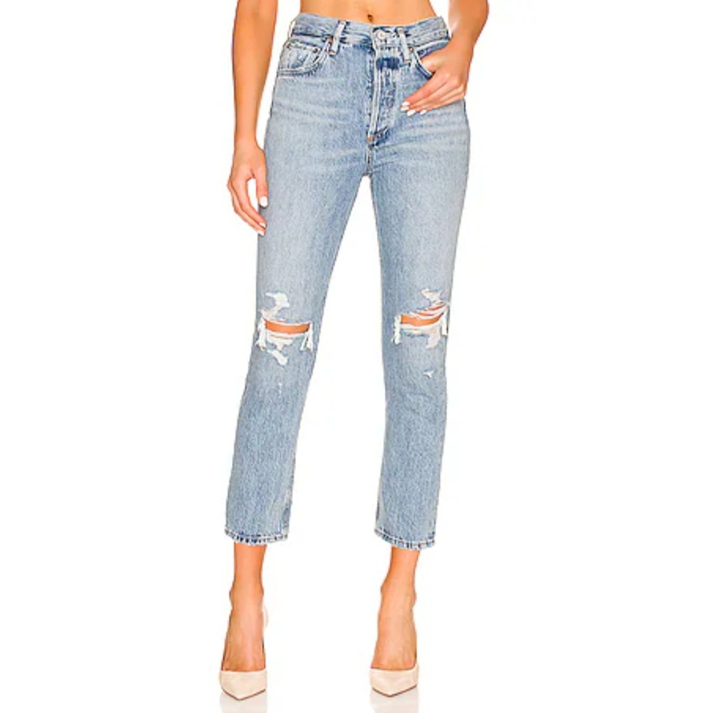 AGOLDE Riley Crop High Rise Straight Leg Distressed Jeans Light Wash Size 25